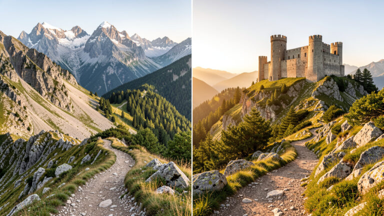 Paysage pyrénéen montrant un sentier de haute montagne et un chemin historique menant vers une ancienne forteresse médiévale.