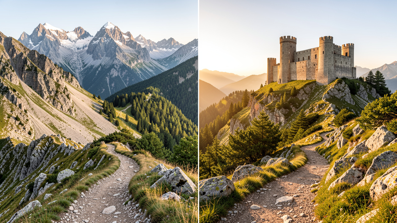 Paysage pyrénéen montrant un sentier de haute montagne et un chemin historique menant vers une ancienne forteresse médiévale.