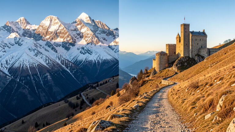 Paysage comparant les sommets enneigés de la Barre des Écrins à un sentier patrimonial menant vers une forteresse médiévale du pays cathare.