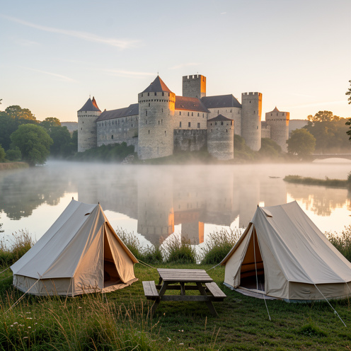 Camping paisible installé près d’un lac tranquille, avec des tentes et le château historique de Puivert éclairé par la lumière dorée du matin.