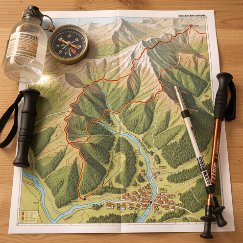 Carte topographique de randonnée accompagnée d’une boussole, d’une gourde et de bâtons de marche, illustrant un itinéraire à travers des paysages montagneux.