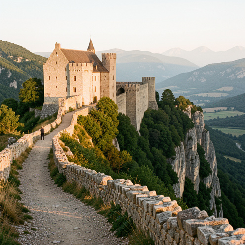 Vue panoramique du château de Puilaurens, forteresse médiévale en pierre située sur une crête rocheuse boisée des Pyrénées.