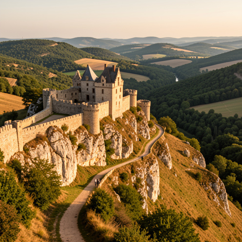 Ruines du château de Padern sur une colline rocheuse, accessibles par un sentier de randonnée au cœur d’un paysage verdoyant du sud de la France.