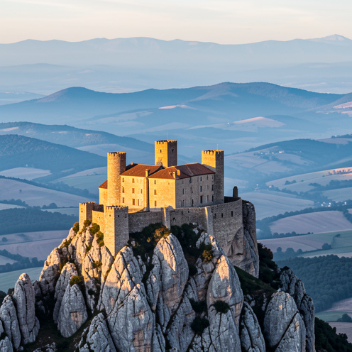 Vue panoramique du château de Quéribus perché sur une crête rocheuse des Corbières, baigné par la lumière chaude de l’après-midi.