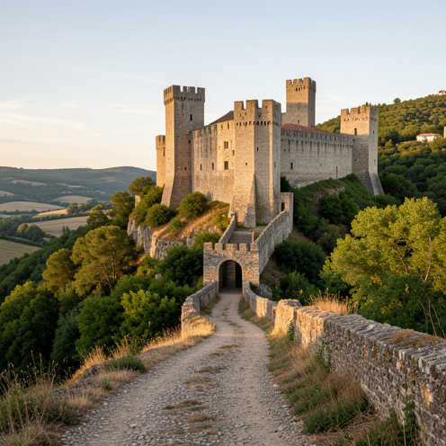 Vue panoramique du château médiéval de Quillan, perché sur une colline boisée au-dessus de la vallée de l’Aude, avec un sentier menant aux vestiges.