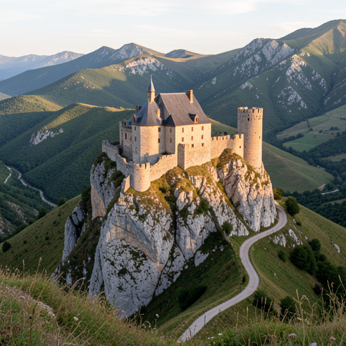 Ruines du château de Roquefixade perchées sur une crête calcaire au cœur des collines verdoyantes des Pyrénées, avec un sentier de randonnée sinueux au premier plan.