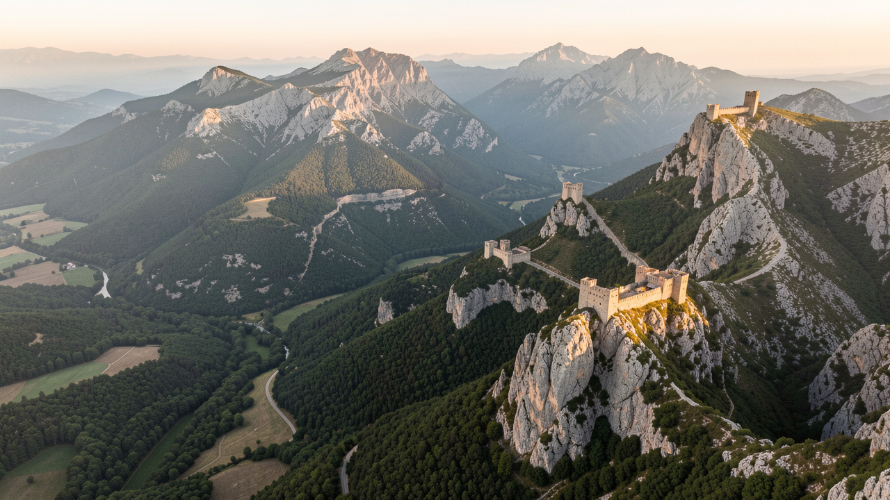 Vue panoramique des forteresses médiévales perchées sur les crêtes rocheuses des Pyrénées et des Corbières, entourées de vallées boisées.