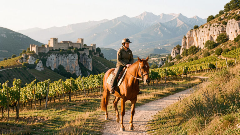 Une cavalière à cheval parcourt un sentier ensoleillé des Corbières, avec les Pyrénées et des citadelles médiévales en arrière-plan.