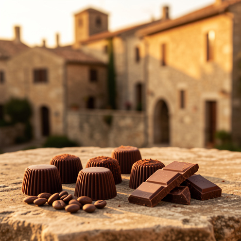 Assortiment de chocolats artisanaux et de fèves de cacao présenté sur une table en pierre, dans une ambiance chaleureuse inspirée du sud de la France.