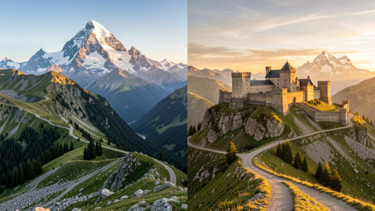 Paysage partagé entre l’immensité sauvage de Denali en Alaska et un château fort médiéval des Corbières, reliés par des sentiers de montagne.