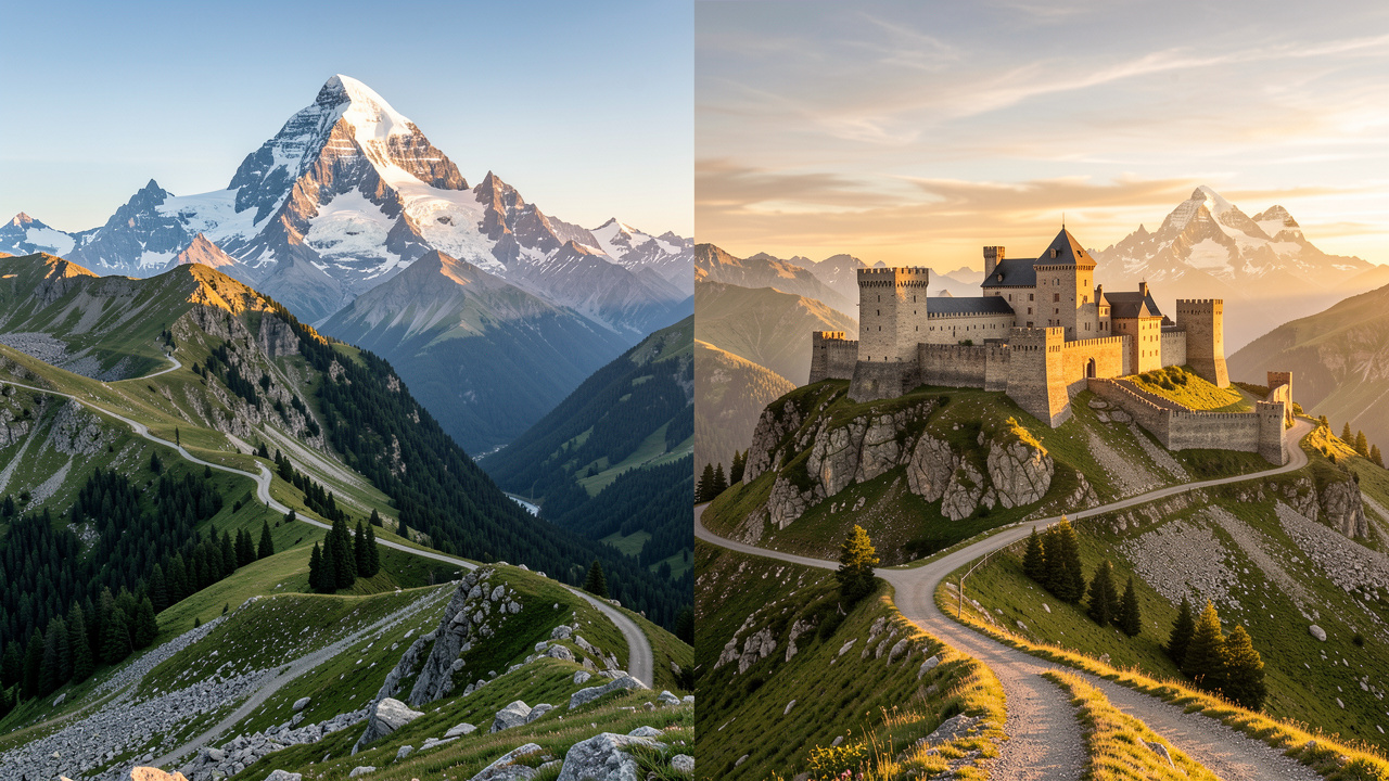 Paysage partagé entre l’immensité sauvage de Denali en Alaska et un château fort médiéval des Corbières, reliés par des sentiers de montagne.