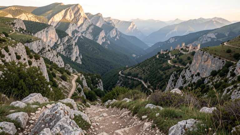 Sentier de randonnée escarpé dans les paysages montagneux du pays cathare, entre rochers calcaires, forêts et vallées lointaines.