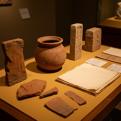 Composition muséale d’objets archéologiques anciens évoquant l’origine et les principaux repères historiques des Distes.