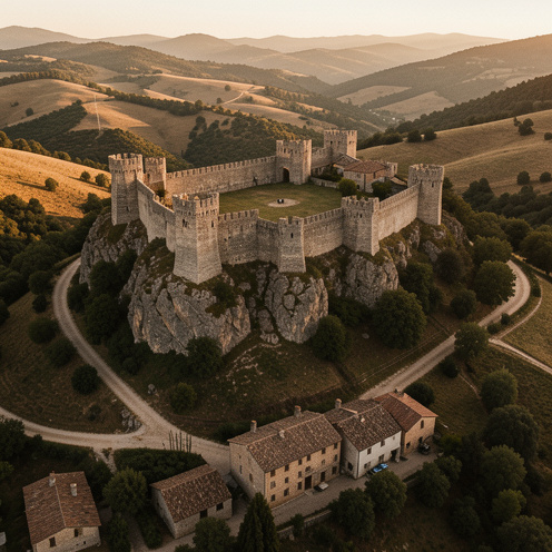 Vue cinématographique d’une forteresse médiévale cathare perchée sur une colline des paysages occitans, sous une lumière dorée.