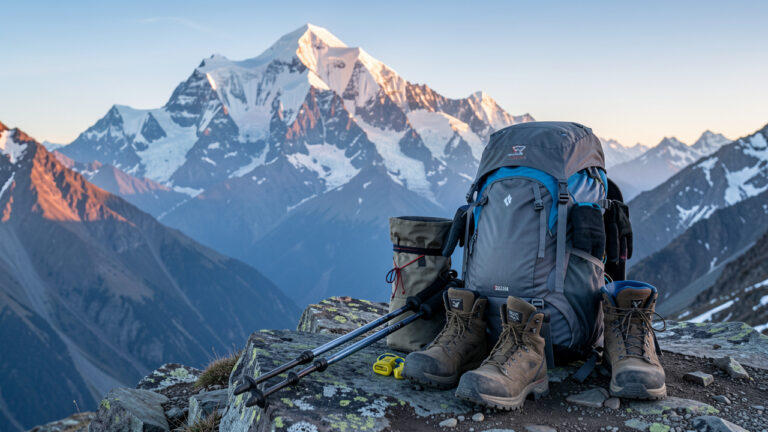 Équipement compact de randonnée posé près d’un sac léger sur une arête alpine, avec le massif du Lhotse en arrière-plan.