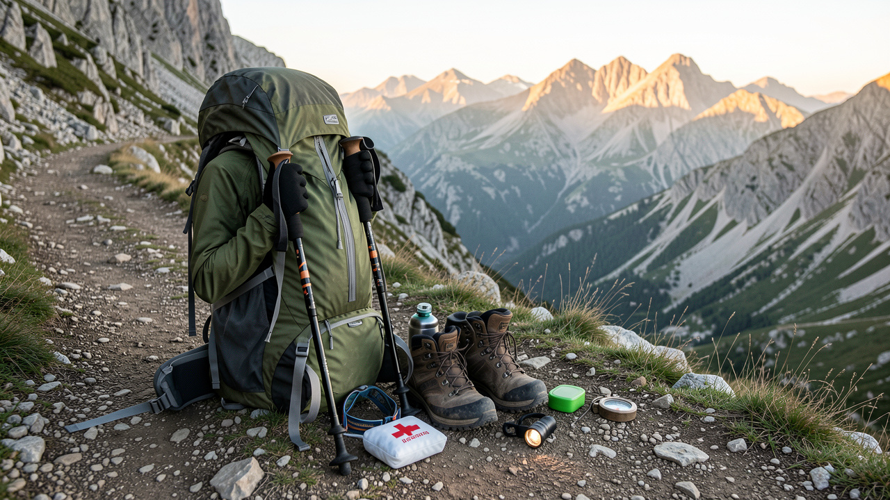 Équipement de randonnée organisé au bord d’un sentier de montagne dans les Pyrénées, avec un sac à dos, des bâtons, des vêtements chauds, des chaussures et du matériel de sécurité.