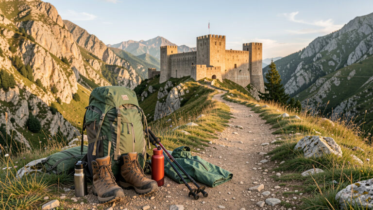 Équipement complet de randonnée disposé près d’un sentier montagneux menant vers une ancienne forteresse en pierre.