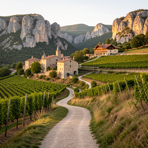 Sentier de randonnée du GR367 traversant les paysages des Corbières, avec villages médiévaux, reliefs calcaires et hébergement en pierre.