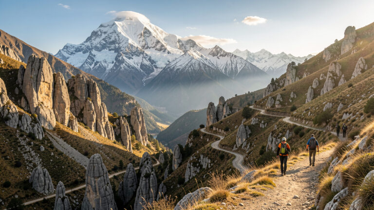 Paysage comparant un sommet himalayen enneigé à un sentier médiéval traversant les collines calcaires du sud de la France.