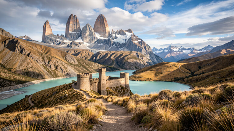 Paysage panoramique réunissant les sommets rocheux de Patagonie et un sentier historique passant devant une forteresse médiévale.
