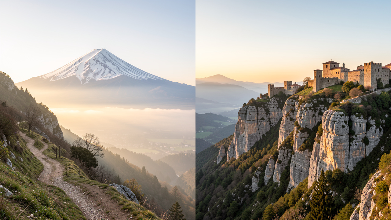 Paysage panoramique comparant le mont Fuji enneigé au Japon et les citadelles perchées du sentier cathare dans les Corbières.