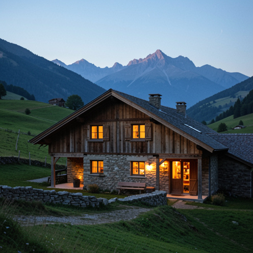 Maison d’hôtes chaleureuse nichée dans les montagnes de l’Ariège au crépuscule, entourée de collines verdoyantes et de sommets pyrénéens.