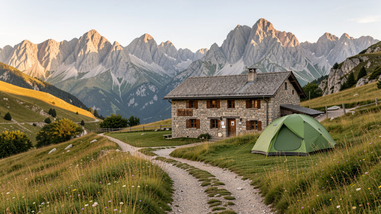 Paysage des Pyrénées cathares présentant un sentier de randonnée itinérante, un refuge de montagne, un gîte en pierre et une tente installée dans une prairie.