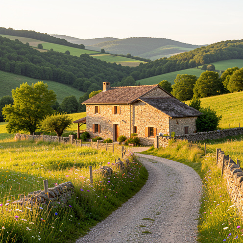 Gîte et maison d’hôtes en pierre entourés de collines verdoyantes et de prairies fleuries entre Bugarach et Quillan.