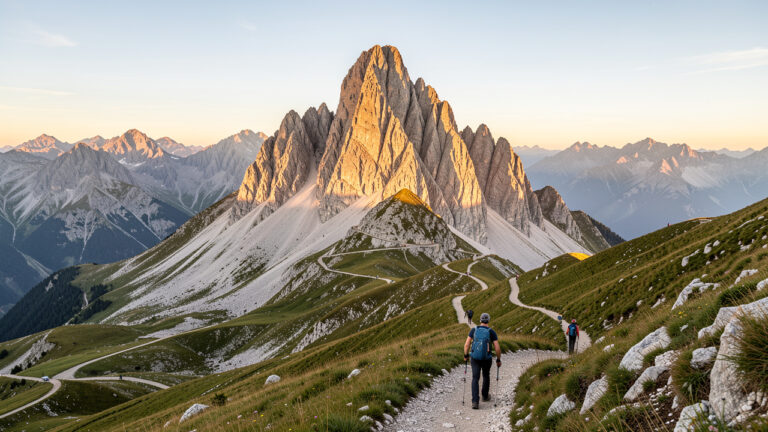 Vue panoramique du Pic du Midi d’Ossau dominant un sentier de randonnée au milieu des prairies alpines des Pyrénées.