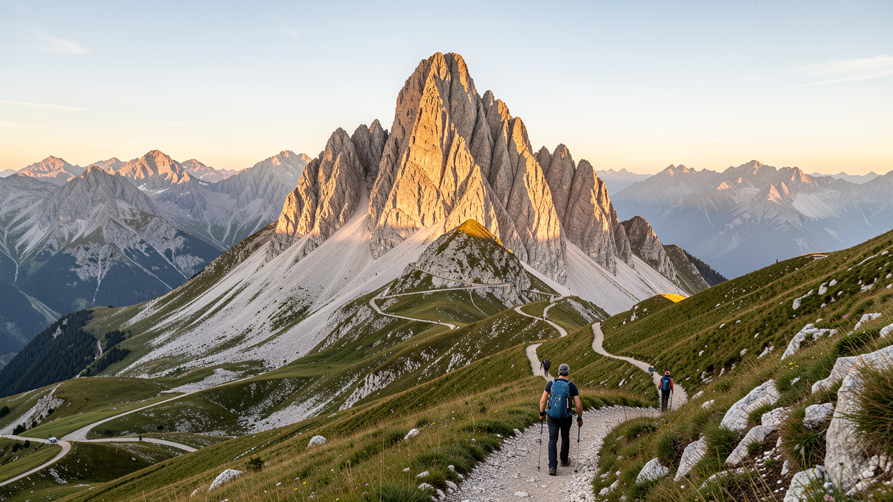 Vue panoramique du Pic du Midi d’Ossau dominant un sentier de randonnée au milieu des prairies alpines des Pyrénées.