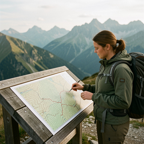 Une randonneuse étudie une carte topographique aux courbes de niveau près d’un sentier de montagne, avec des crêtes alpines en arrière-plan.