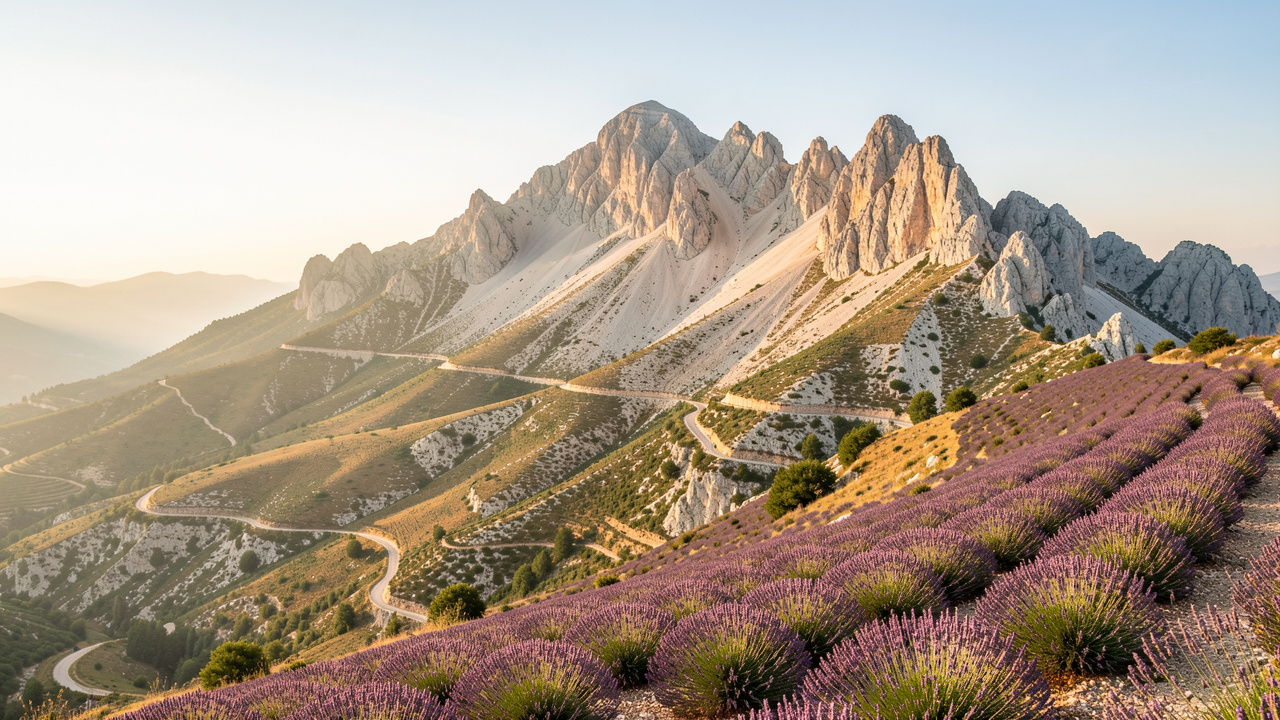 Paysage du mont Ventoux avec des sentiers de randonnée traversant les pentes rocheuses et les champs de lavande de Provence.