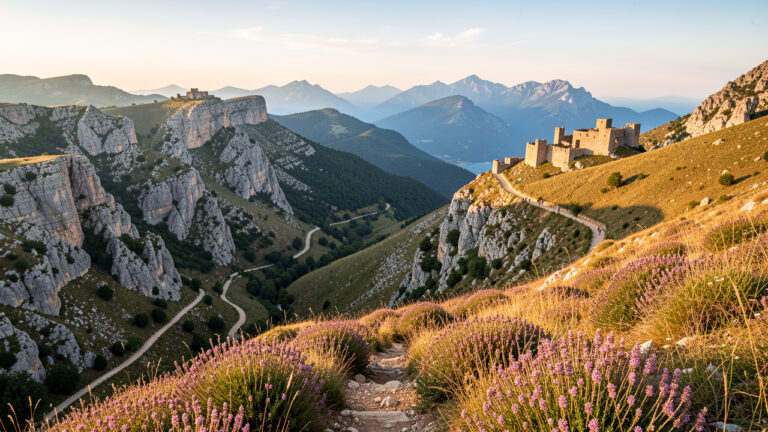 Paysage de randonnée mêlant les reliefs du mont Olympe et les sentiers des Corbières, avec un chemin serpentant vers d’anciennes citadelles en pierre.