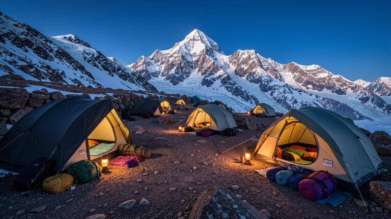 Camp de randonnée organisé sur des terrasses rocheuses sous les sommets enneigés de l’Aconcagua, avec des tentes et du matériel préparé pour la nuit.