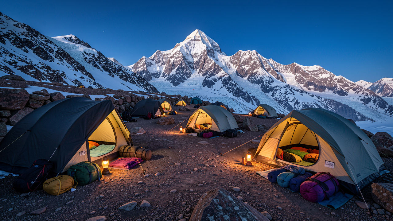Camp de randonnée organisé sur des terrasses rocheuses sous les sommets enneigés de l’Aconcagua, avec des tentes et du matériel préparé pour la nuit.