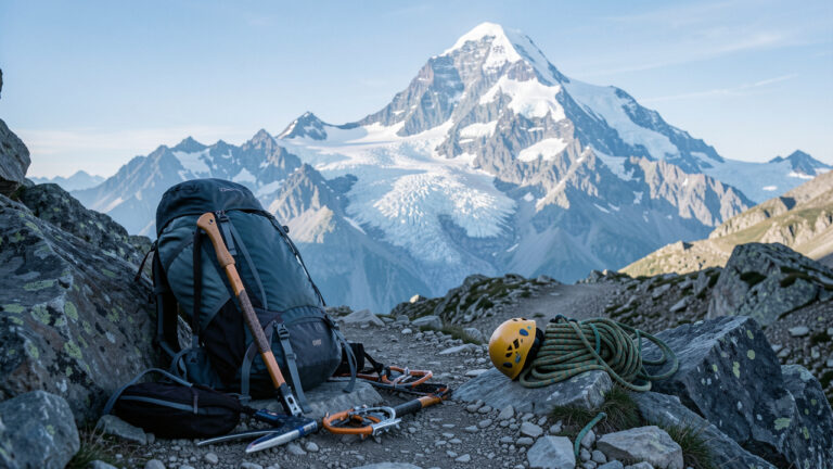 Équipement d’alpinisme soigneusement préparé au bord d’un sentier rocheux, avec le sommet glaciaire du Vignemale en arrière-plan dans la lumière fraîche du matin.