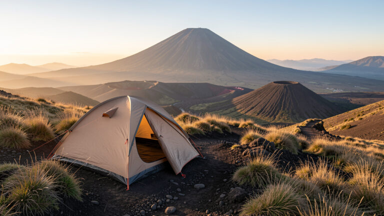 Tente de bivouac installée au lever du jour sur les pentes du puy de Dôme, avec le paysage volcanique d’Auvergne en arrière-plan.