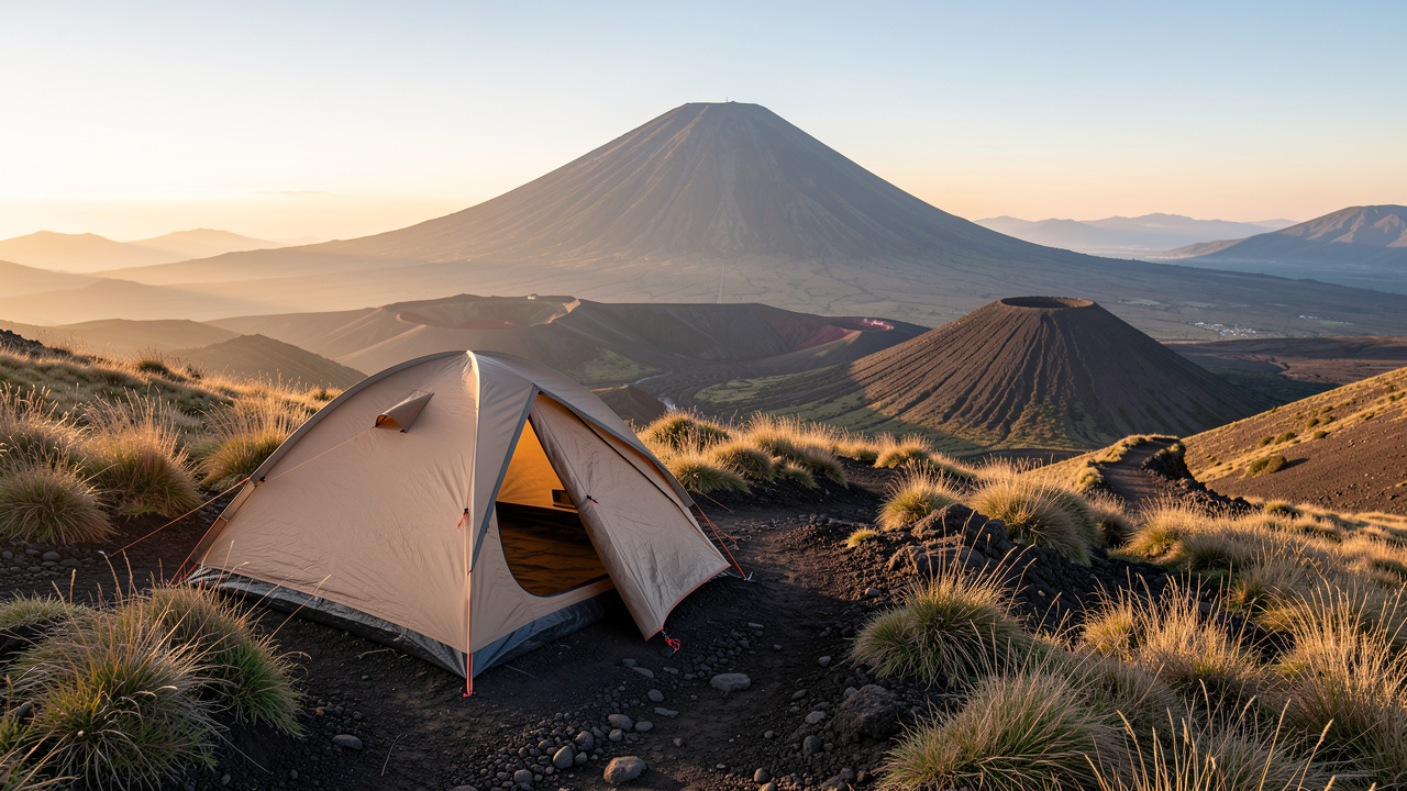Tente de bivouac installée au lever du jour sur les pentes du puy de Dôme, avec le paysage volcanique d’Auvergne en arrière-plan.