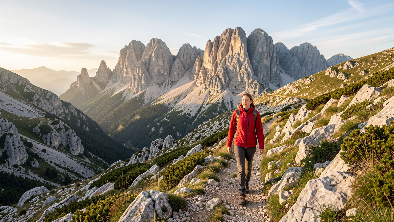 Une randonneuse en veste rouge marche sur un sentier rocailleux vers les sommets calcaires des Pyrénées cathares baignés par la lumière dorée du matin.