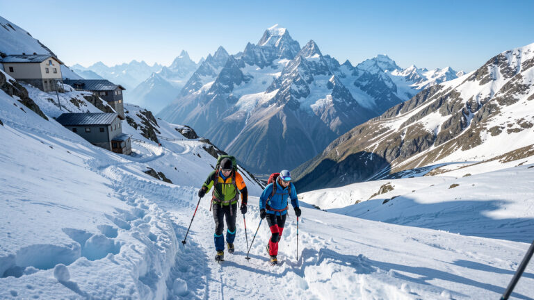 Deux alpinistes progressent sur un itinéraire glaciaire enneigé entre des refuges alpins, avec les sommets du mont Rose et de vastes panoramas montagneux en arrière-plan.