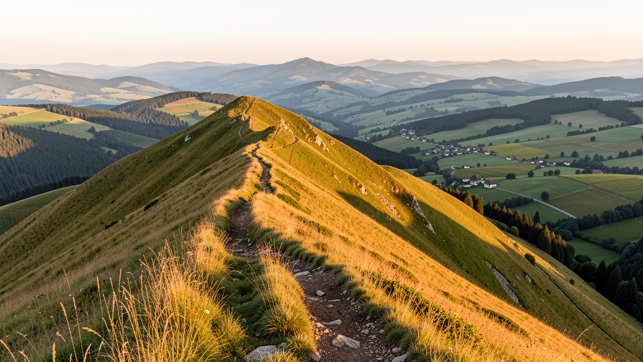 Sentier de randonnée montant vers le sommet du Grand Ballon, avec une vue panoramique sur les Vosges, les vignobles et les fermes alsaciennes.