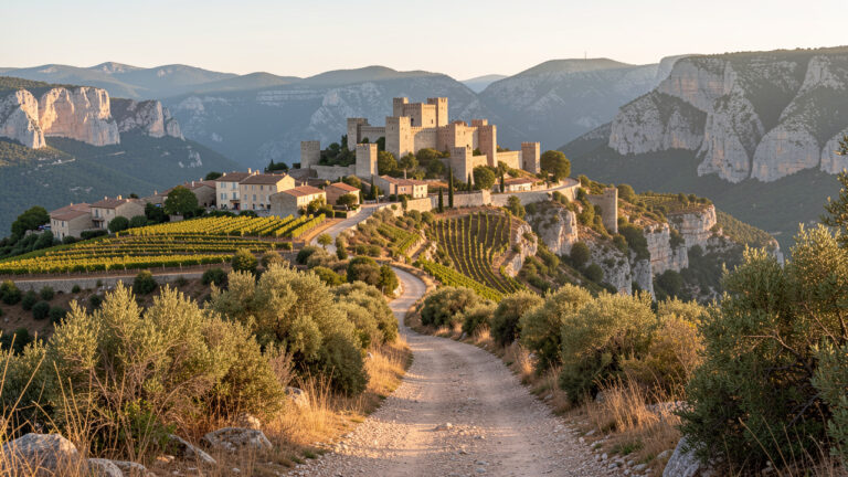 Sentier de randonnée traversant les paysages des Corbières, avec une citadelle médiévale perchée, un village en pierre et des vignobles en terrasses.