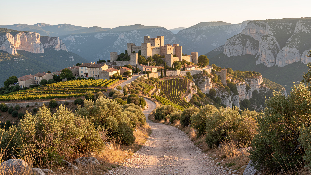 Sentier de randonnée traversant les paysages des Corbières, avec une citadelle médiévale perchée, un village en pierre et des vignobles en terrasses.
