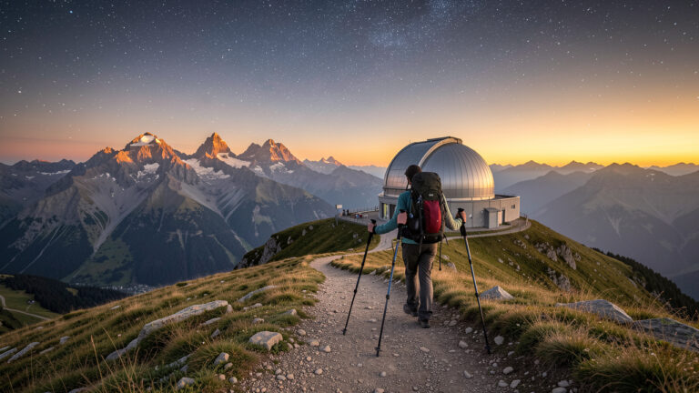 Panorama du Pic du Midi de Bigorre avec un sentier de randonnée, les sommets pyrénéens au coucher du soleil et un ciel étoilé au-dessus de l’observatoire.