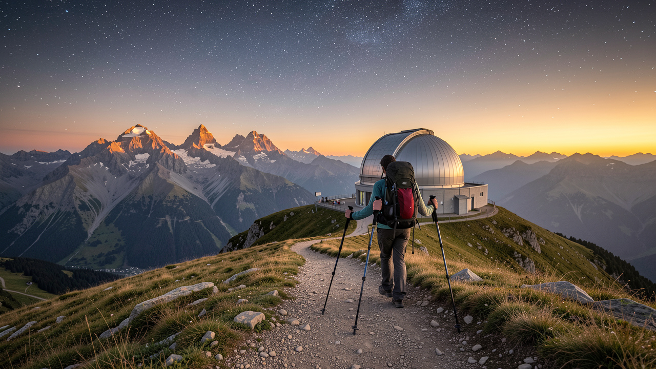 Panorama du Pic du Midi de Bigorre avec un sentier de randonnée, les sommets pyrénéens au coucher du soleil et un ciel étoilé au-dessus de l’observatoire.
