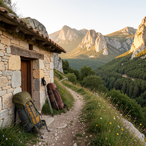 Refuge en pierre situé sur un sentier de randonnée des paysages cathares, avec des sacs à dos et des bâtons de marche au premier plan.