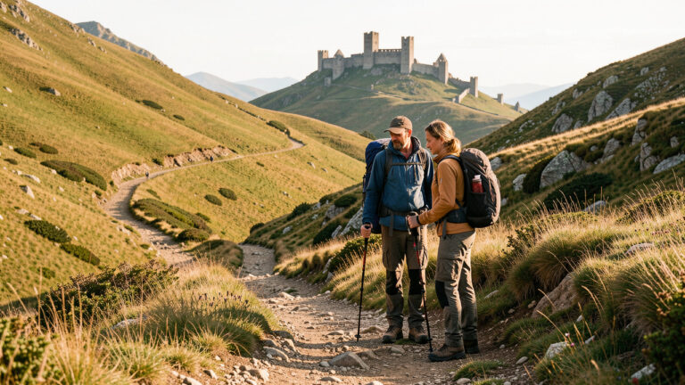 Deux randonneurs observent un sentier escarpé dans les contreforts des Pyrénées, avec des ruines médiévales au sommet d’une colline.