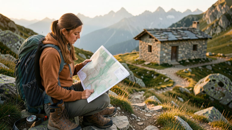 Une randonneuse consulte une carte topographique vierge près de son sac à dos et d’un refuge en pierre sur un sentier montagneux.