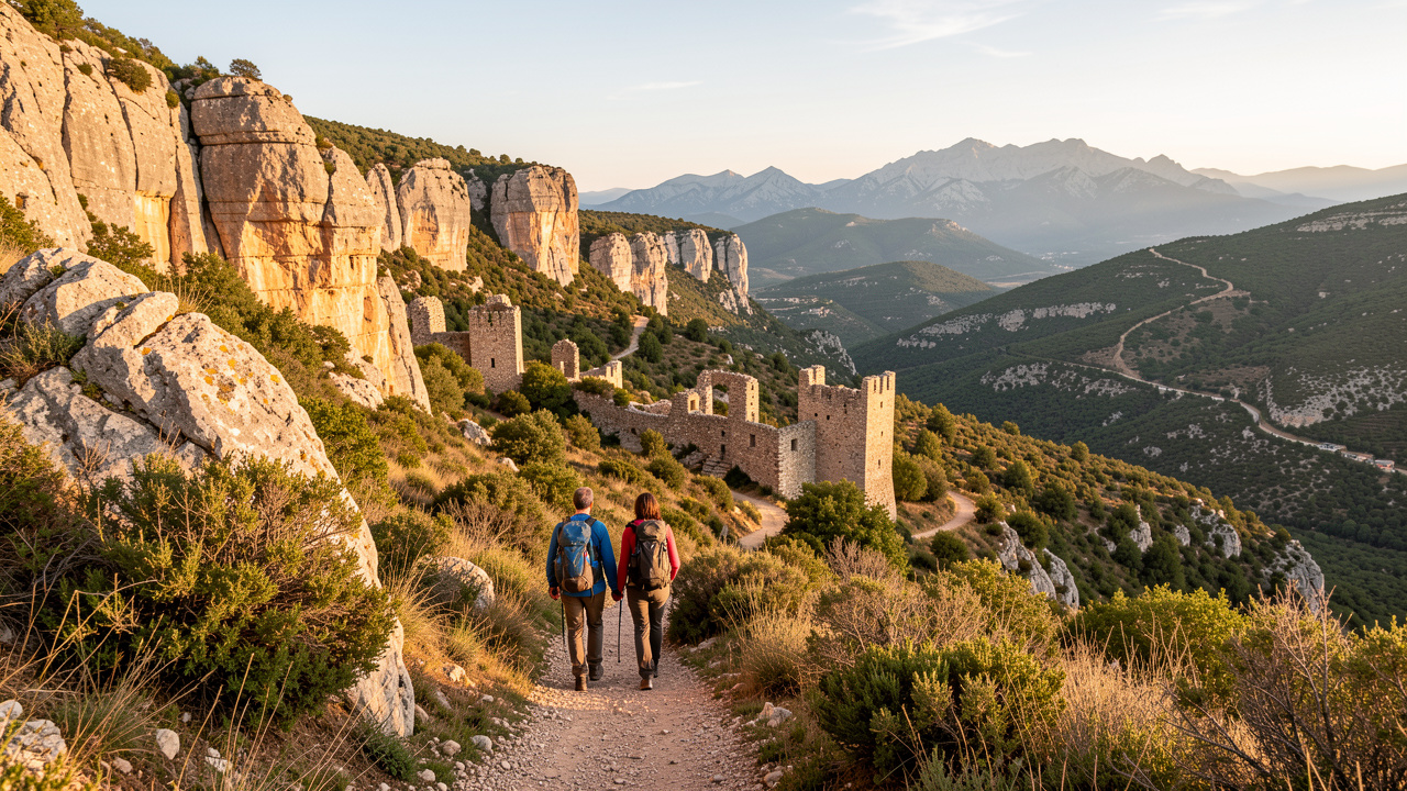 Deux randonneurs marchent sur un sentier des Corbières entre falaises calcaires, ruines médiévales et paysages montagneux baignés par la lumière de fin de journée.