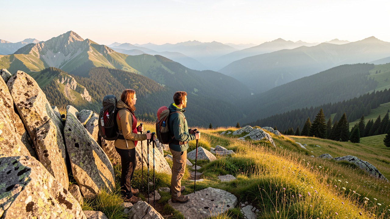 Deux randonneurs contemplent le sommet du Hohneck, ses prairies alpines, ses rochers et les crêtes boisées des Vosges dans la lumière du matin.